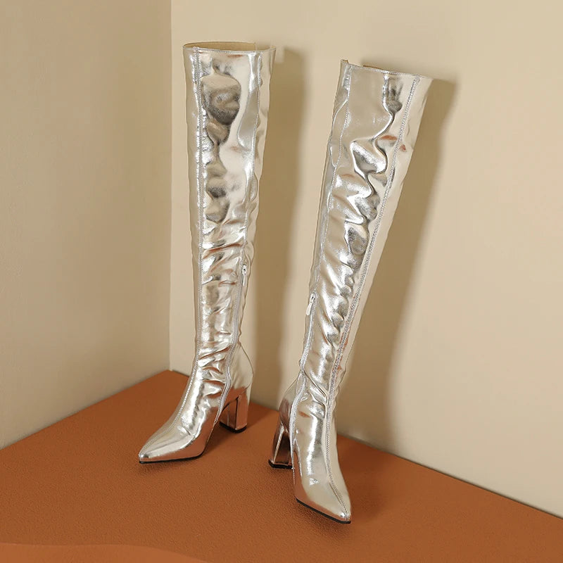 Winter Plus Size 40-45 Sexy Thigh High Boots Long Over Knee Gold Silver Block High Heel Boot Womens Shoes Pointed Toe Botas 2023