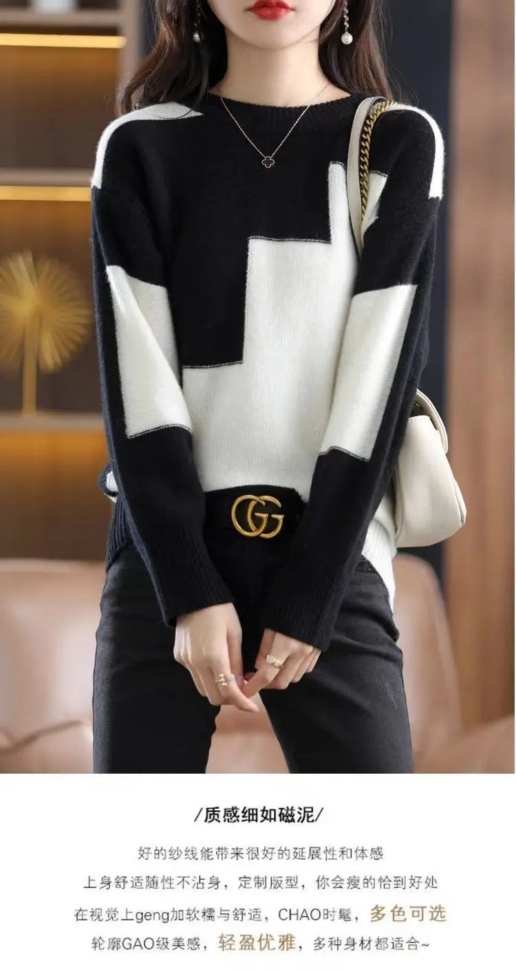 Autumn Winter Contrast Color Pullover Sweater Lady Loose Casual Fashion All-match Knitting Jumpers Ladies Oversized Bottomed Top