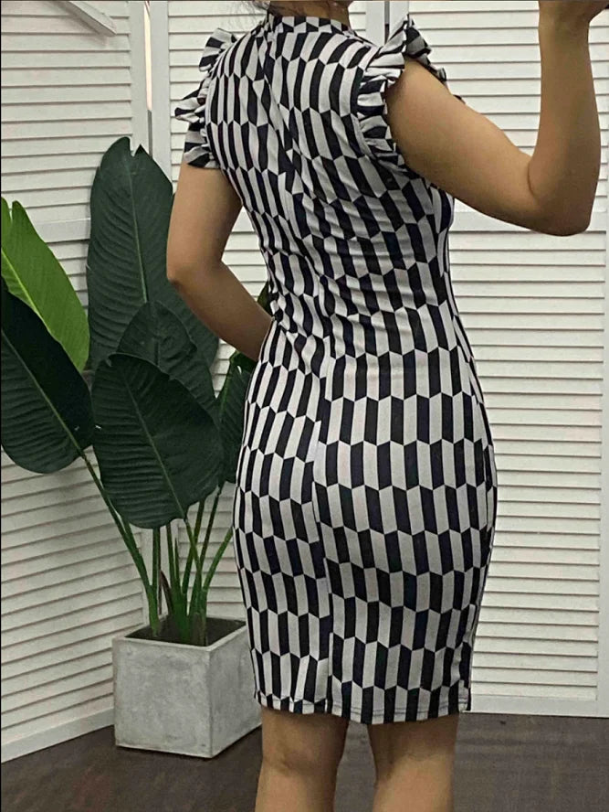Elegant Women's Dresses Summer Fashion All Over Print Flutter Sleeve Casual O-Neck Skinny Midi Work Pencil Dress