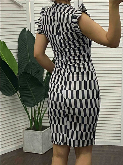 Elegant Women's Dresses Summer Fashion All Over Print Flutter Sleeve Casual O-Neck Skinny Midi Work Pencil Dress