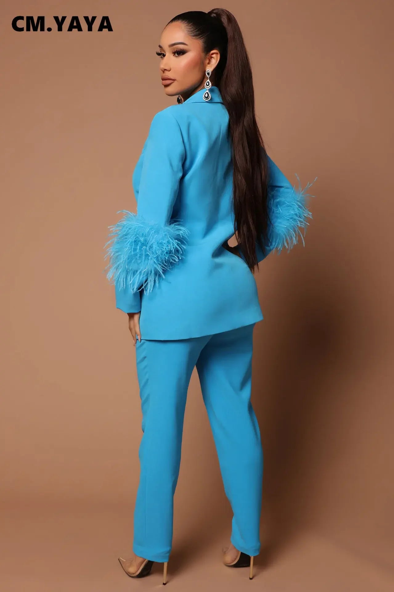 CM.YAYA Vintage Women Fur Hem Long Sleeve Blazer Suit and Pants 2023 Chic OL Fashion Two 2 Piece Set Outfits Basic Tracksuit