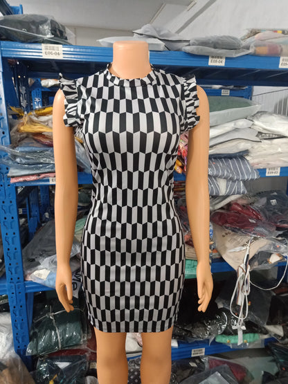 Elegant Women's Dresses Summer Fashion All Over Print Flutter Sleeve Casual O-Neck Skinny Midi Work Pencil Dress