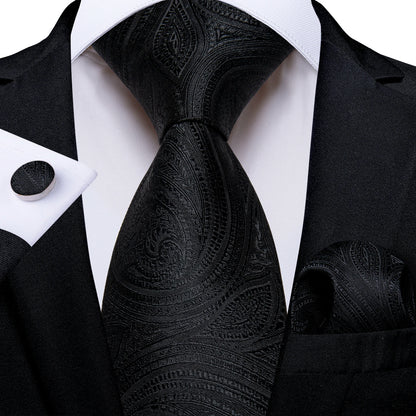 Men's Black Ties Handkerchief Cufflinks Business Formal Floral Striped Solid 8cm Necktie Gift for Husband Wedding Accessories