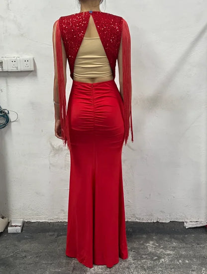 Womens Dresses 2024 Summer Fashion Contrast Sequin Ruched Slit Tassel Design Sexy Plunge Short Sleeve Skinny Maxi Evening Dress