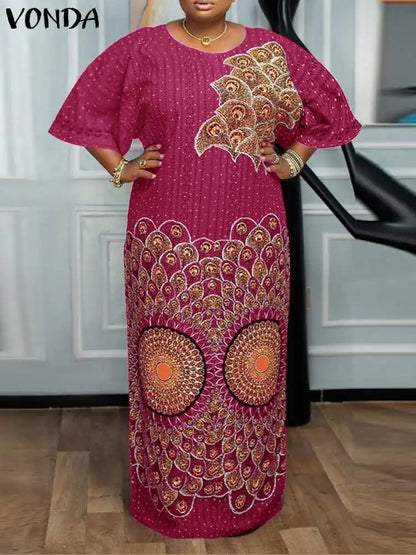 VONDA Women Evening Dresses 2024 Bohemian Round Neck Flare Sleeve Vintage Style Maxi Dress Party African Ethnic Long Vestidos