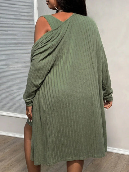 Plus Size Ribbed Elegant Two Piece Set Dress Women Solid Mini Dress Female Casual Long Coat 2024 Autumn Large Size Matching Set