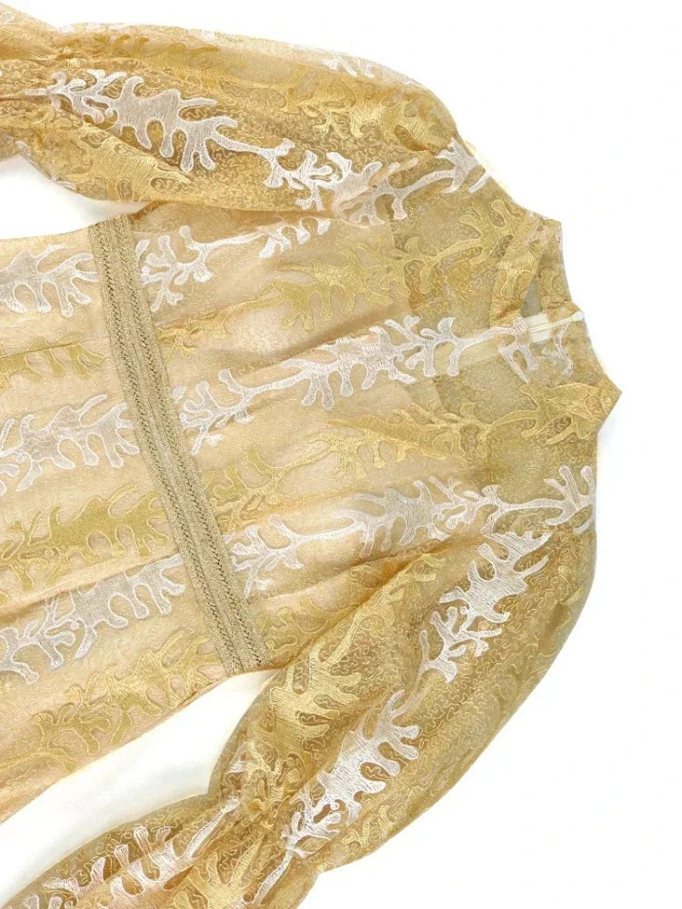 Gold Embroidery Sequin Dresses for Women Stand Collar Cute Puff Long Sleeve Luxury Midi Dress Modest Chic 2025 Party Event Gowns