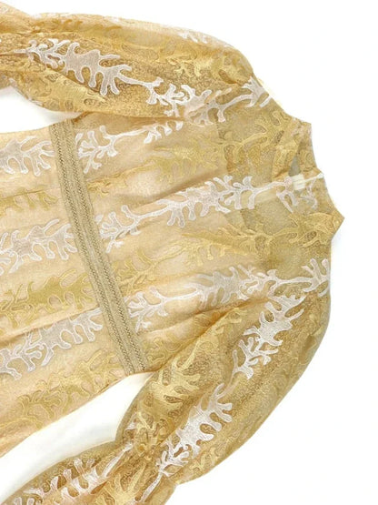 Gold Embroidery Sequin Dresses for Women Stand Collar Cute Puff Long Sleeve Luxury Midi Dress Modest Chic 2025 Party Event Gowns