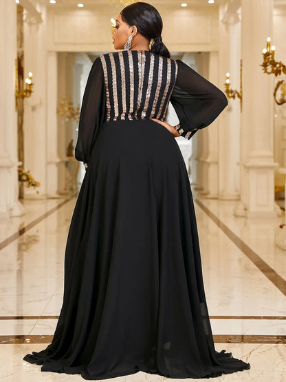 Plus Size V Neck Stripe Sequined Chiffon Dress 5XL 6XL Big Size Black Maxi Long Sleeve Spring Gold Stripe Luxury Evening Dresses
