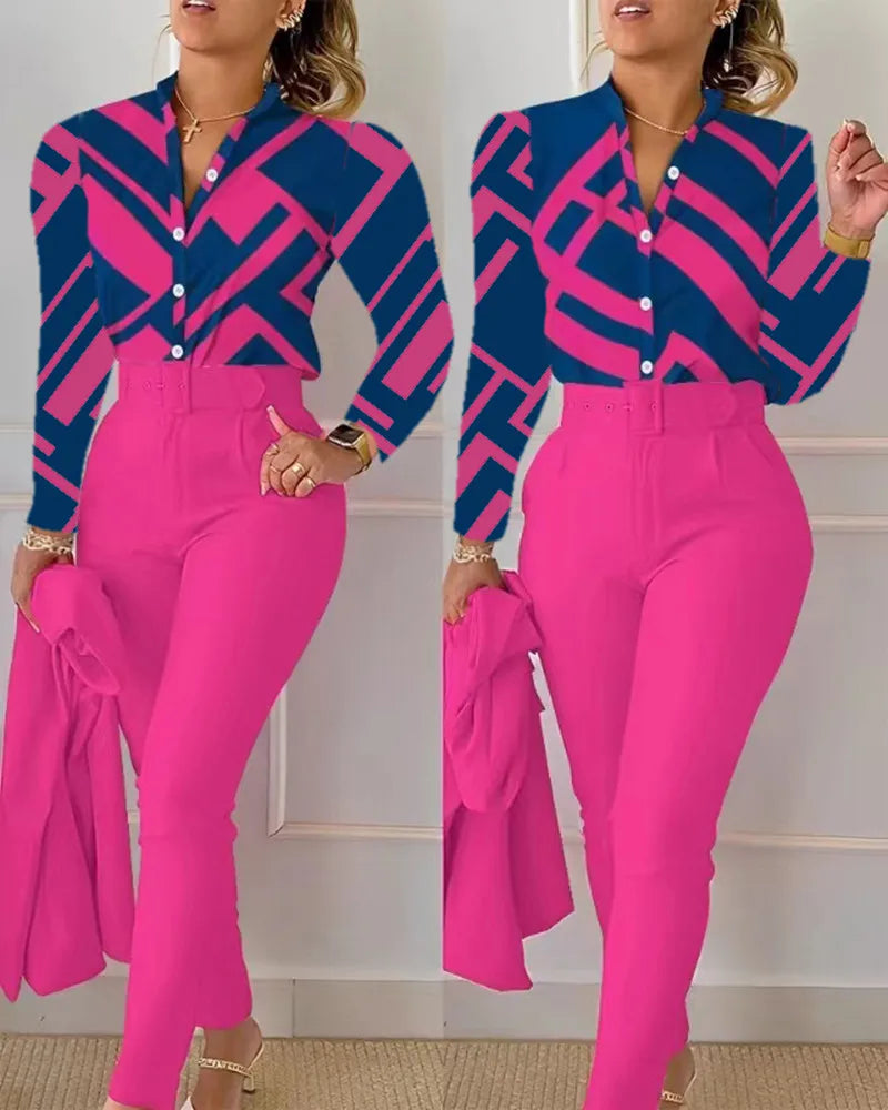 Women's Elegant Autumn/Winter Printed V-Neck Long Sleeve Button Shirt Top Fashion Solid Color Long Pants 2 Piece Set With Belt
