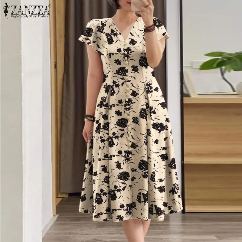 ZANZEA Fashion Floral Print Women Midi Dresses 2024 Summer Ruffle Sleeve V Neck A-line Vestido Casual Cinch Waist Party Sundress