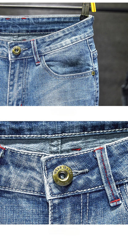 Men Stretch Slim Ripped Jeans Hip Hop Streetwear Korean Vintage Distressed Little Feet Pants Personality Male Trousers