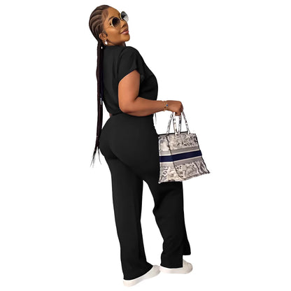 Women Casual Round Neck Drawstring Short Sleeve Top & High Waist Pants Set Summer Solid Two Piece Suit Sets Outfits Set Female
