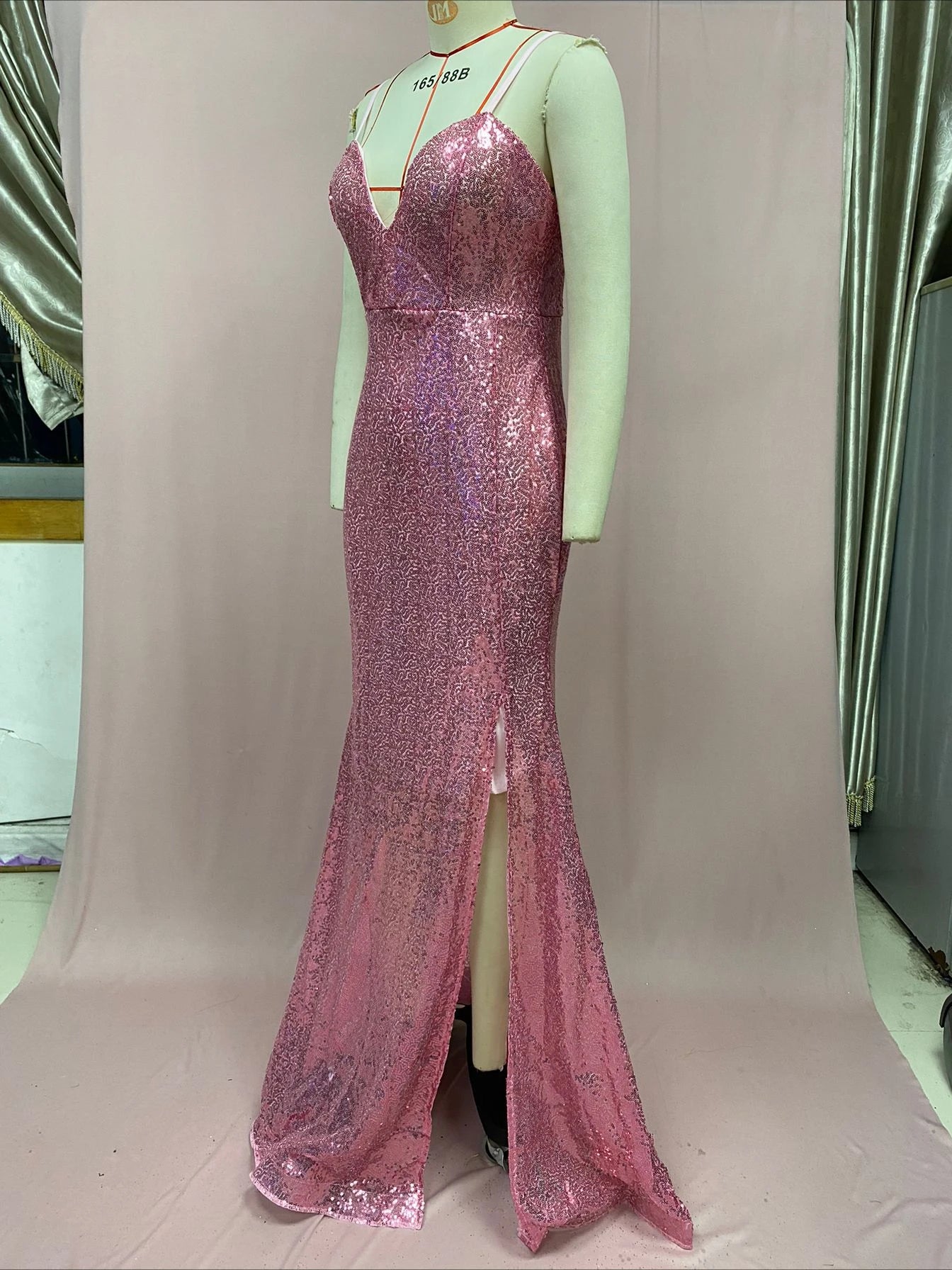 Sexy Sleeveless V-neck High Waist Slit Formal Occasion Evening Dress Fashion Pink Sequins Slim Long Elegant Party Dresses Women