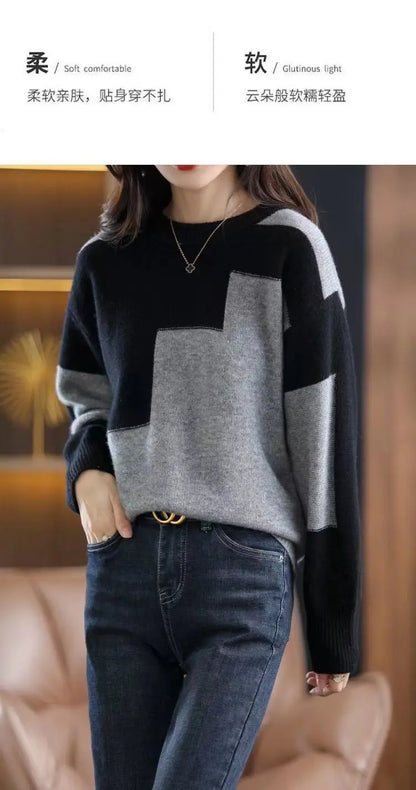 Autumn Winter Contrast Color Pullover Sweater Lady Loose Casual Fashion All-match Knitting Jumpers Ladies Oversized Bottomed Top
