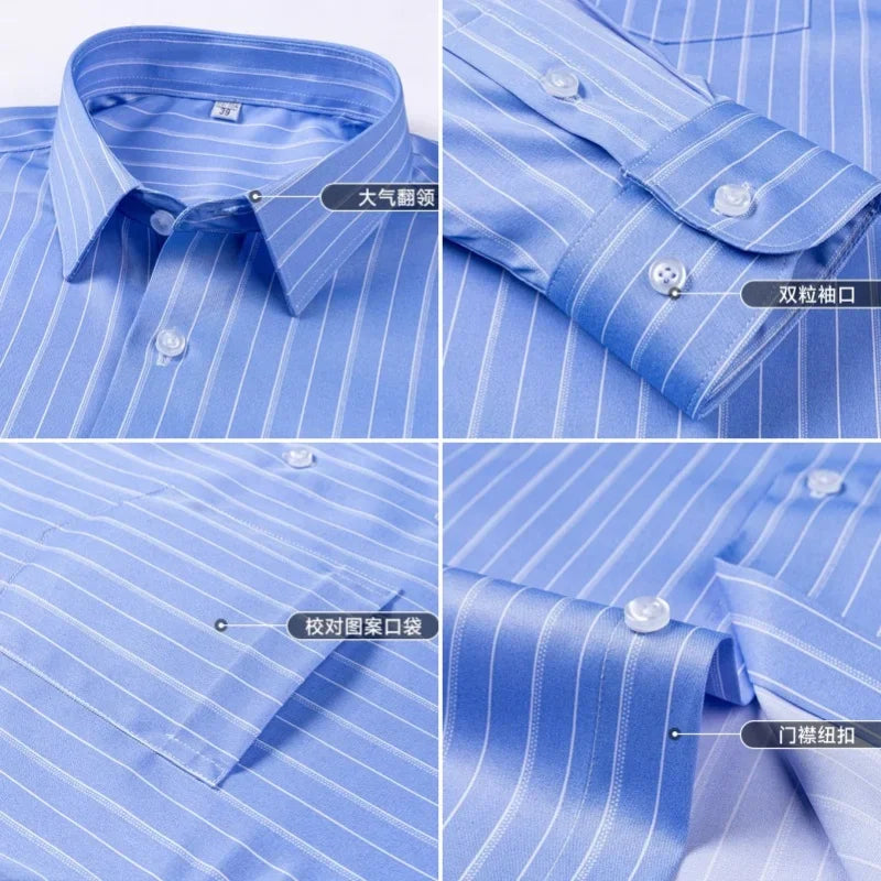 New Stretch Anti-Wrinkle Stripe Men's Shirts Long Sleeve Dress Shirts For Plaid Men Slim Fit Social Business Blouse Shirt S-5XL