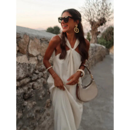 2025 Spring Women's High Street Sexy White Off-the-shoulder Halter Pleated Floor-length Dress Fashion Sleeveless Loose Dress