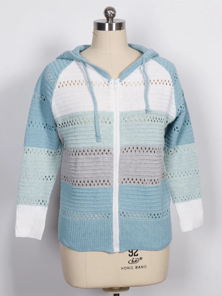 2024 Autumn and Winter New Casual Cardigan Women's Tops Plus Plus Zip Hoodie Colorblocking Lightweight Loose Top