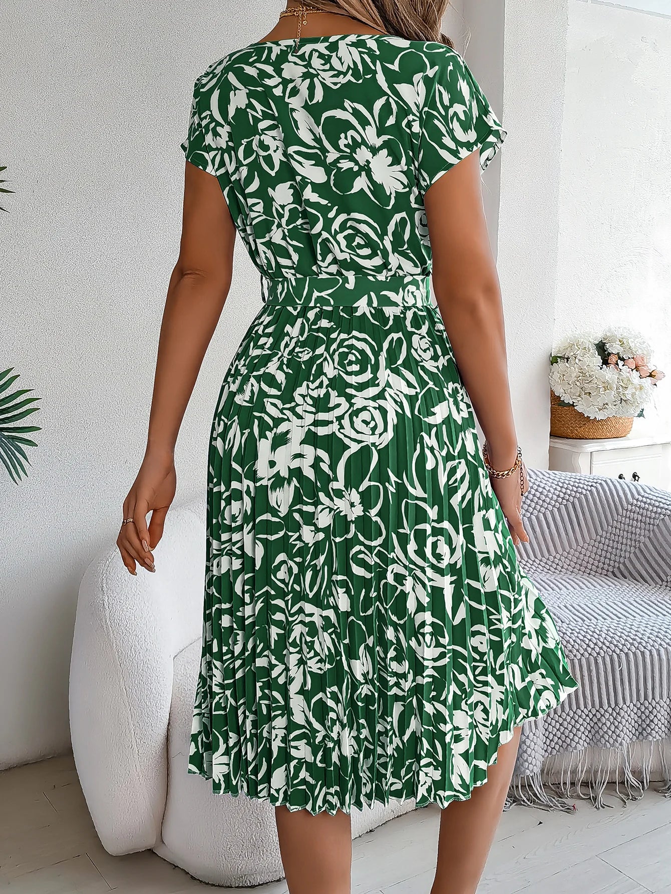 Spring Summer Elegant Flower Print Dress Short Sleeve Folded Dresses for Women Mother's Day