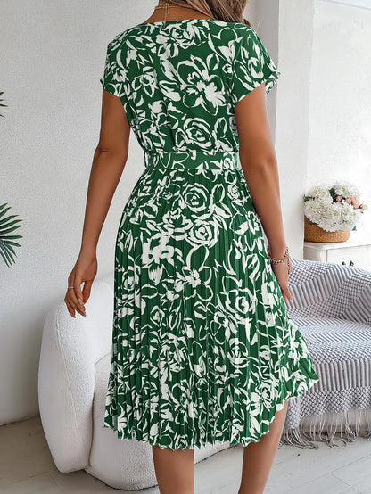 Spring Summer Elegant Flower Print Dress Short Sleeve Folded Dresses for Women Mother's Day