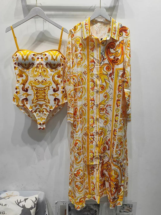 Fashion show spring and summer women's new printed casual shirt long skirt elegant single-breasted long-sleeved loose dress