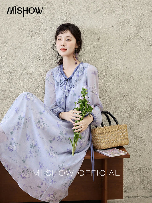 MISHOW Print Spring Summer Dress for Women New 2025 Ruffled V-neck Long Sleeve Blue French Dresses Female Fashion MXE15L2139