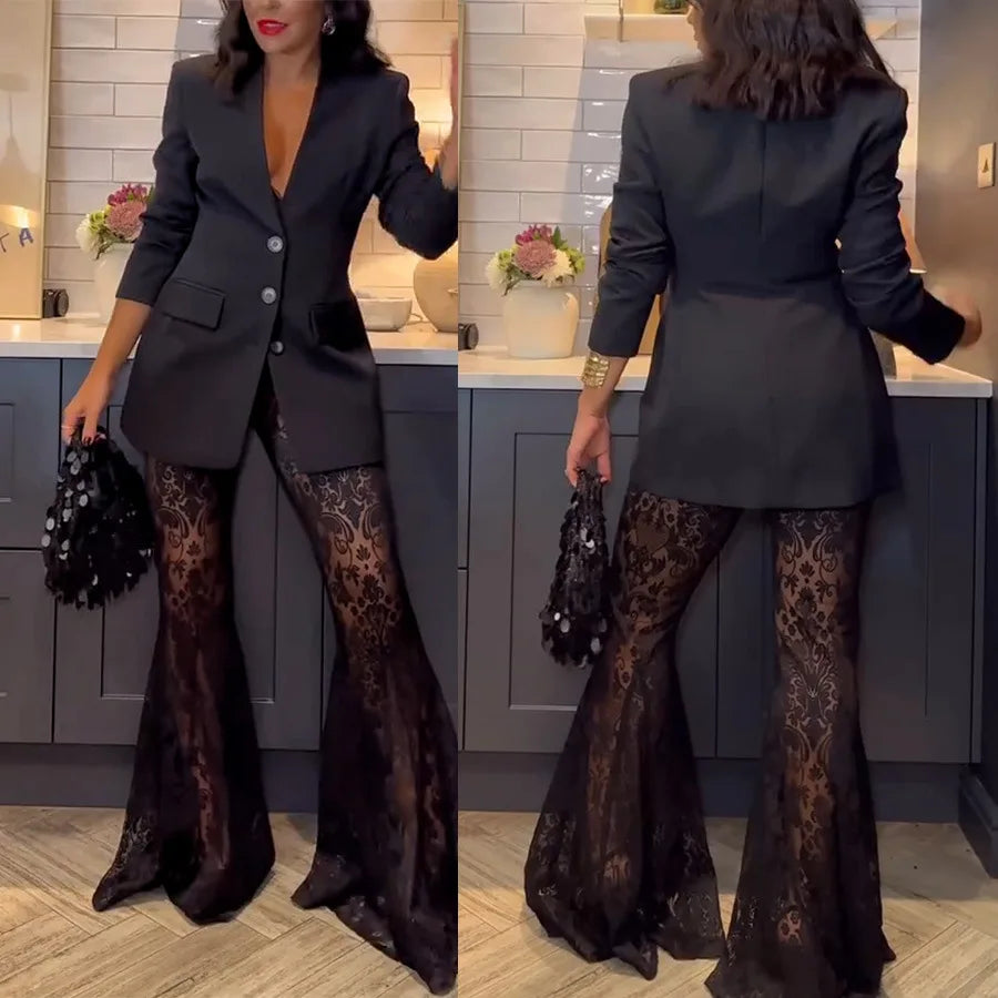Women Fashion Elegant Blazer Jacquard Lace Pants Sets Slim Button Full Sleeve Suit Jacket Long Flare Trousers Lady Party Outfits