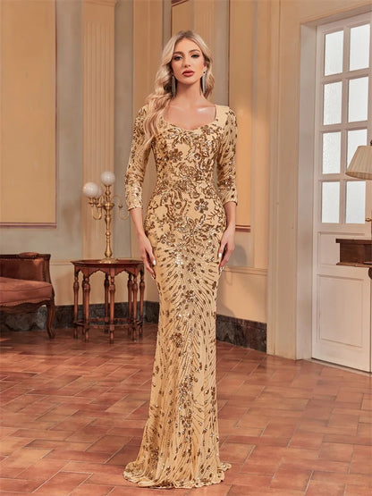 Luxury Champagne Evening Dress Women 2024 Long Mermaid Formal Sequins V-neck Prom Elegant Wedding Party Cocktail Gown