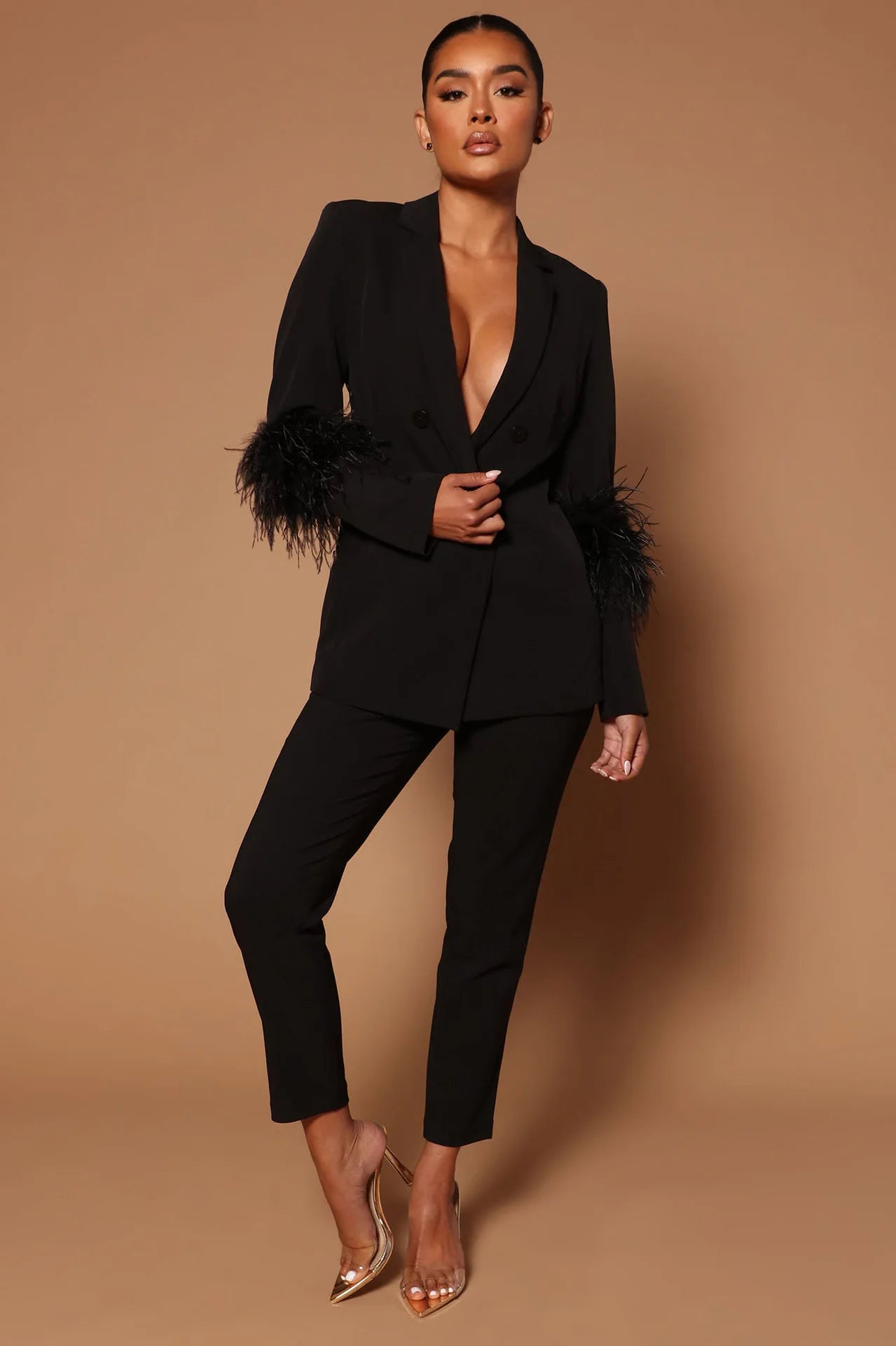 CM.YAYA Vintage Women Fur Hem Long Sleeve Blazer Suit and Pants 2023 Chic OL Fashion Two 2 Piece Set Outfits Basic Tracksuit