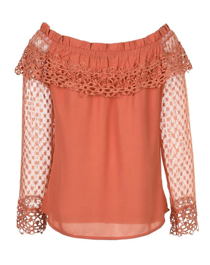Elegant Women's blouses Fashion 2024 Lace Spliced Off Shoulder Guipure Lace Long Sleeve Tassel Drawstring Top