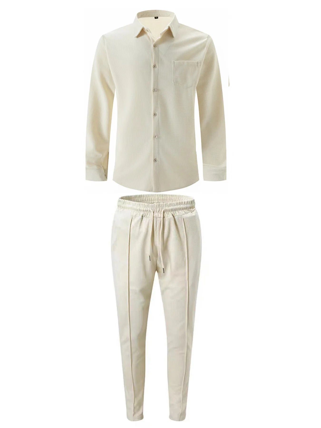 Spring and Autumn Men Waffle Solid Color Two-piece New Trend Lapel Long-sleeved Shirt and Trousers Casual Outdoor Sports Suit