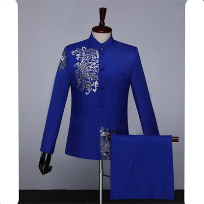 New Men Standing Collar Embroidered Suit 2 Piece Fashion Male Business Social Wedding Prom Stage Performance Dress Blazer Pant