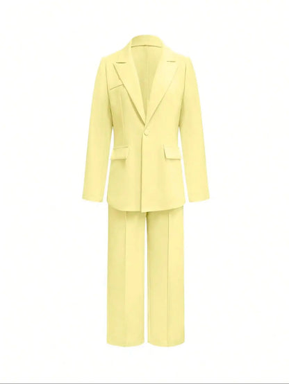 Two-piece solid-color button women's suit, suitable for year-round office wear.