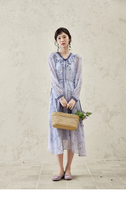 MISHOW Print Spring Summer Dress for Women New 2025 Ruffled V-neck Long Sleeve Blue French Dresses Female Fashion MXE15L2139