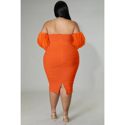 CM.YAYA Plus Size Women Mesh Patchwork Off Shoulder Ruched Bodycon Midi Dress evening Winter 2022 Sexy Party Club Prom Dresses