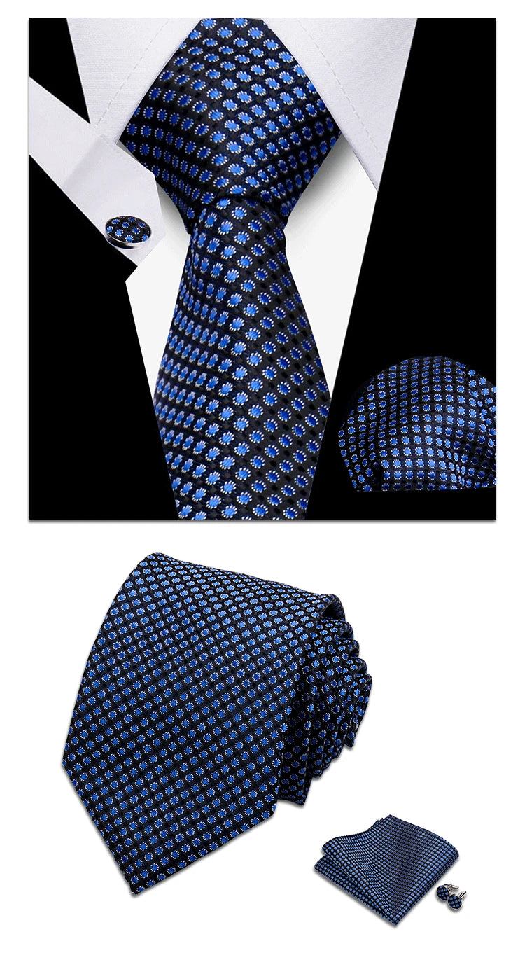 Classic Elegant Ties For Men Fashion Gifts Striped Solid Necktie Handchief Cufflink 3 Pcs Set Wedding Business Suit Accessories