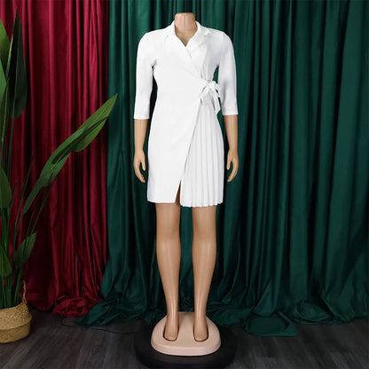 FairyShely 2025 Summer Solid Plus Size Folds Dress Women Long Sleeve Large Big Dresses Lady Belt Party Tight Curvy Short Dress