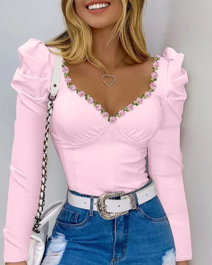 Women's Fashion Floral Pattern Puff Sleeve Top Casual Sexy Female Clothing T-Shirts Pullover New 2024 Spring Ladies Tops Blouse