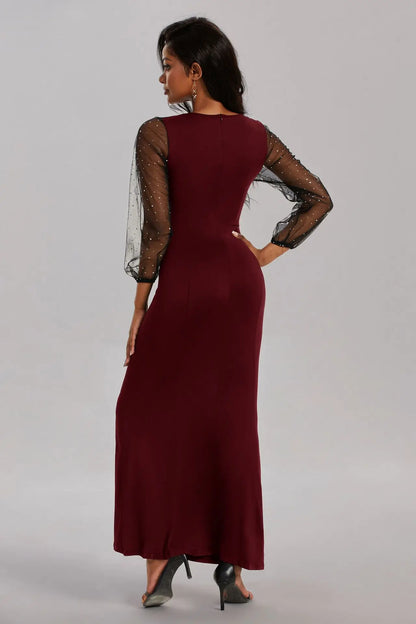 Mesh Patchwork Dress Womens Fashion Round Neck Long Sleeve Slim Elegant Dress Women