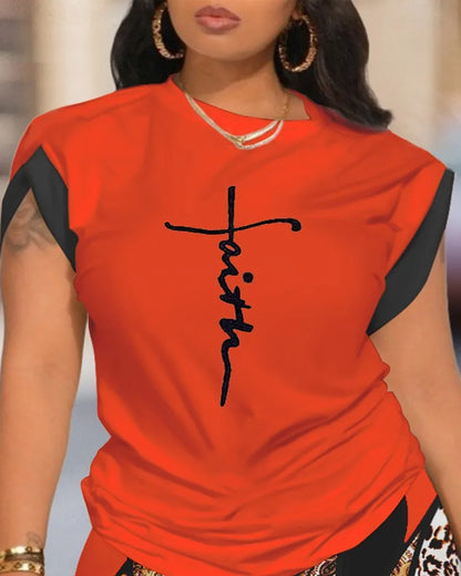 Two Piece Short Sets Print Letter Round  Neck T Shirts High Waist Pants Splice Tops Pullover Summer Ladies Beach Style