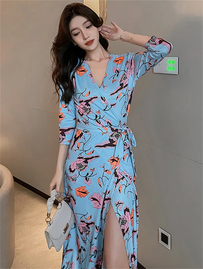 FANIECES Summer Wrap Dresses Women Sexy V Neck Split Maxi Dress Print Female Casual Beachwear Lace Up Party Vestidos Robe платье