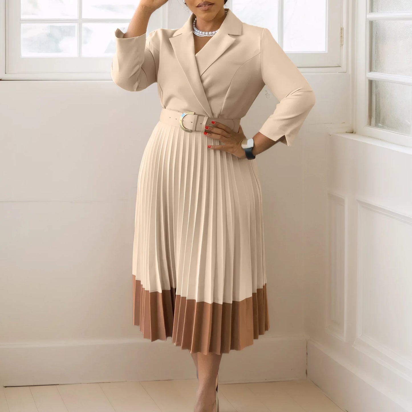 CM.YAYA Fashion Full Sleeve Notched Neck Solid High Waist Belt Dress Women Autumn Office Lady Pleated Long Africa Midi Dresses