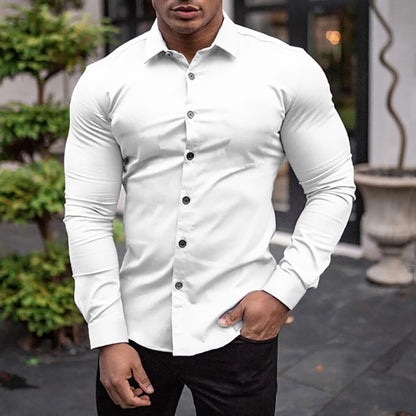 Spring Autumn New Fashion Long Sleeve Shirt Mens Super Slim Fit Luxury Classic Turn-down Single Breasted Business Dress Shirt