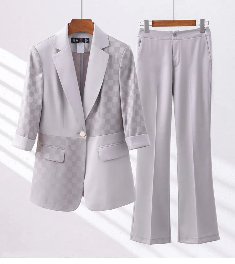 Summer Pants Sets For Women 2 Piece Set Half Sleeve Blazer &Trousers Suit Gray White Hight Quality Chic Elegant Business Outfit