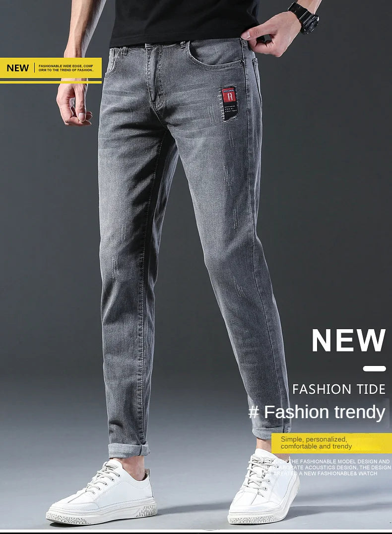 New Arrival Men's Denim Jeans Fashion Straight Slim Elastic Korea Fashion Casual Denim Trousers Male Pants Grey Black Dropship