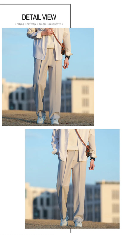 Spring Summer Men Suit Pants Wide Leg Long Drape Trousers Fashion Streetwear Clothing Solid Stretch Waist Oversize Pants Black