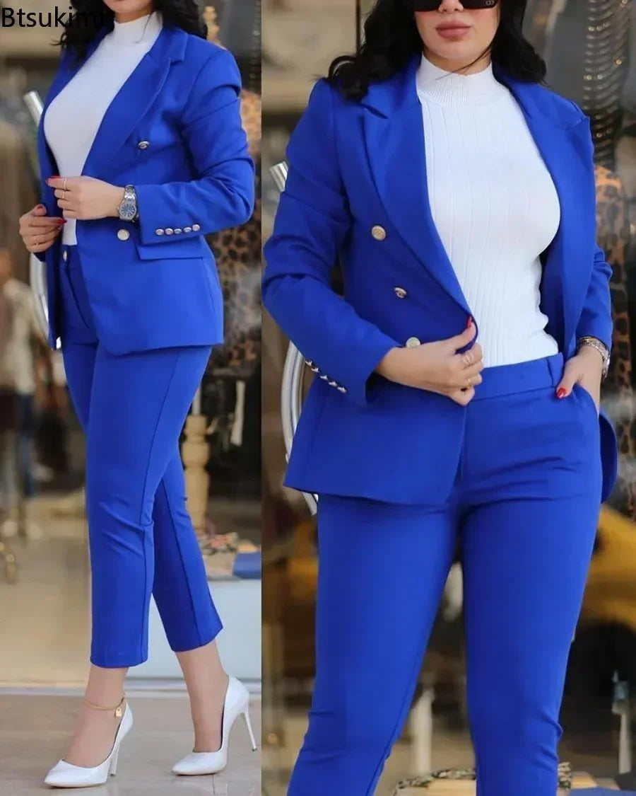 2024 New Women's Fashion Two Piece Sets Business Casual Women Long Sleeve Suit Coats and Pants Sets Office Ladies Formal Outfits