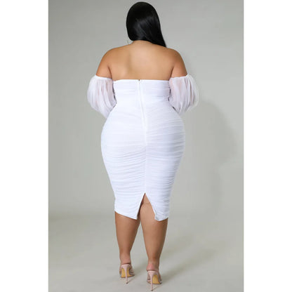 CM.YAYA Plus Size Women Mesh Patchwork Off Shoulder Ruched Bodycon Midi Dress evening Winter 2022 Sexy Party Club Prom Dresses