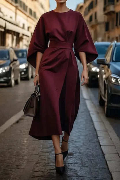 Spring Summer New Women's Fashion Style Elegant Solid Color Waist Dress Casual Bat Sleeve Long Dress Vestidos Para Mujer