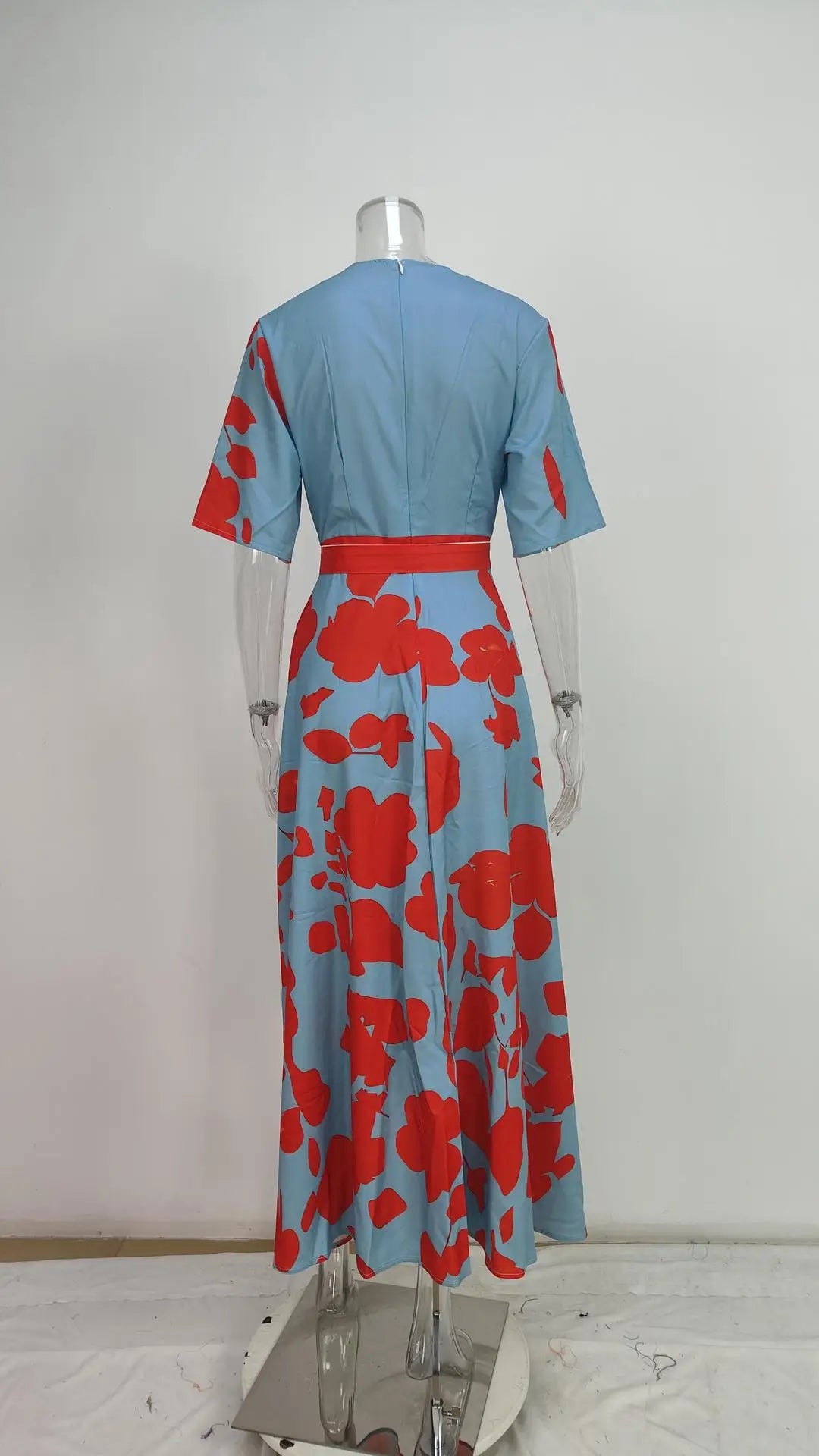 Spring Summer Women Fashion V Neck Belted Party Long Dress Sexy Printing  Boho Maxi Dresses Short Sleeve Pocket Femlae Holiday